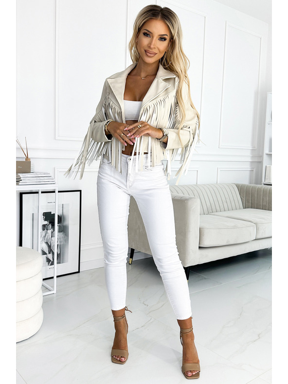 numoco Giacca corta beige con frange in ecopelle morbida