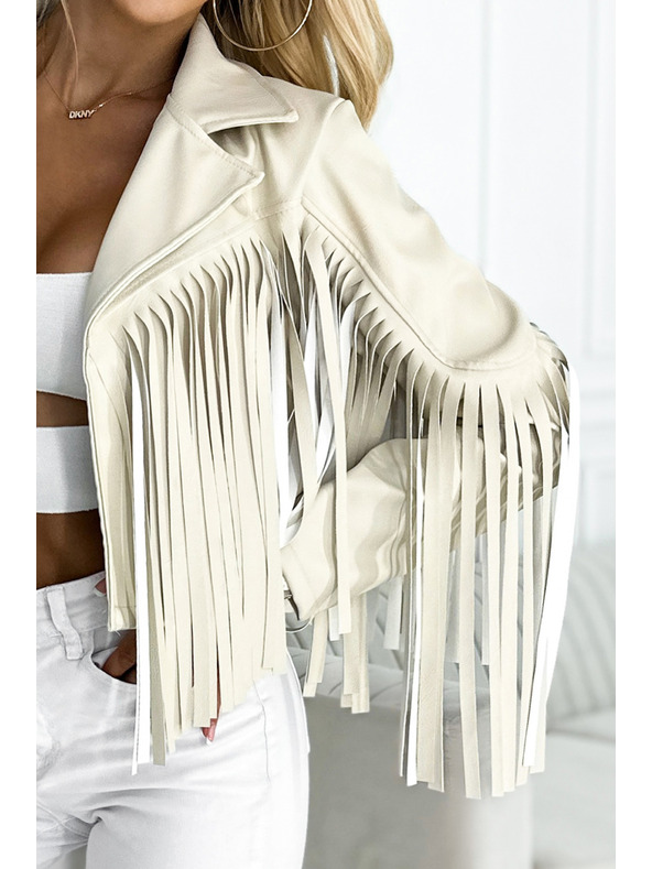 numoco Giacca corta beige con frange in ecopelle morbida