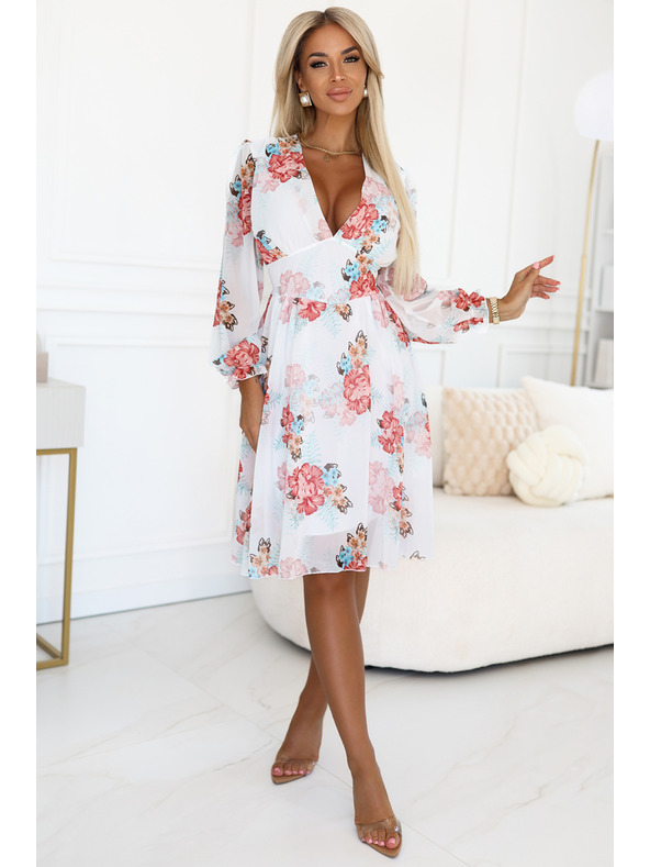 numoco Vestito a fiori in chiffon con scollo a incrocio e maniche lunghe