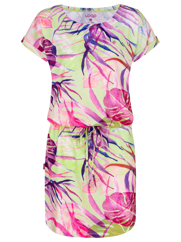 Loap Vestito estivo verde e rosa da donna con motivo tropicale LOAP ANUMA